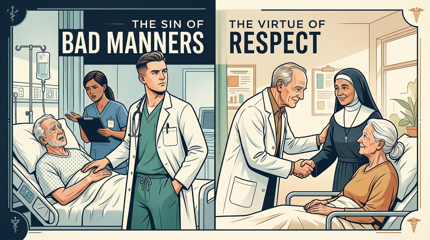 Ilustração editorial sobre os Maus Modos na Medicina - Arrogância vs Respeito Interprofissional