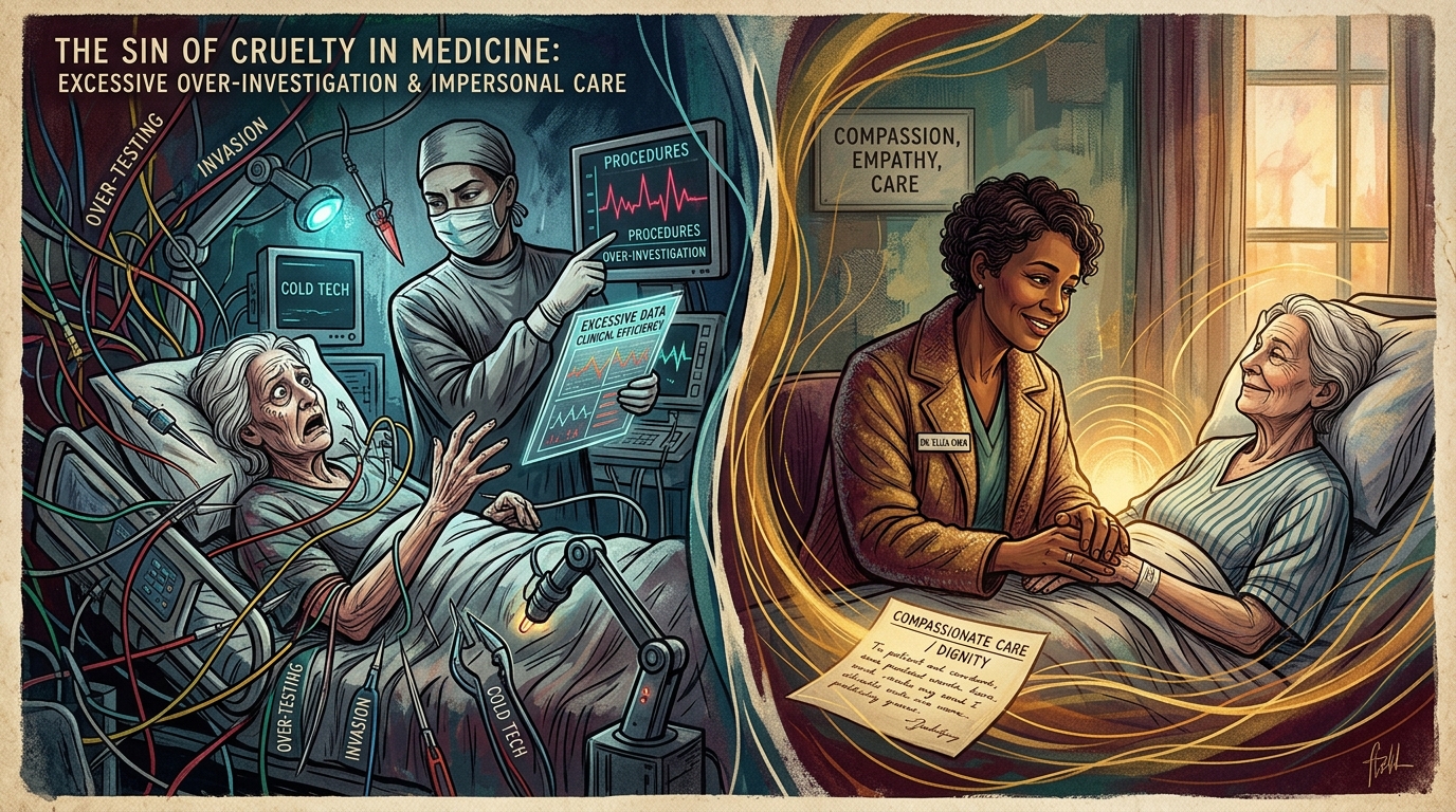 Ilustração editorial sobre a Crueldade na Medicina - Futilidade diagnóstica vs cuidado compassivo