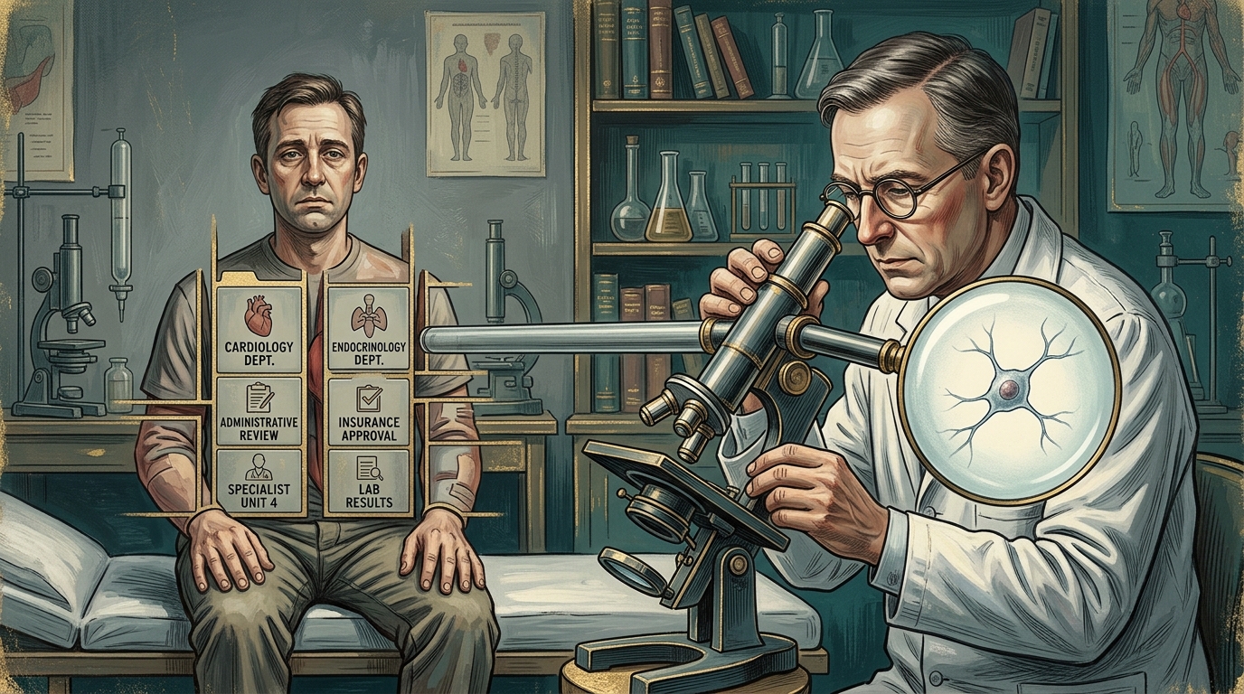 Ilustração editorial sobre a Hiperespecialização na Medicina - Visão afunilada de túnel vs visão integral do paciente