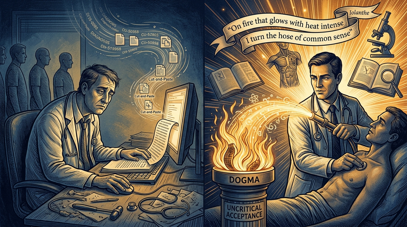 Ilustração editorial sobre a Preguiça Médica - O comodismo do copiar-colar vs A mangueira do bom senso contra o dogma