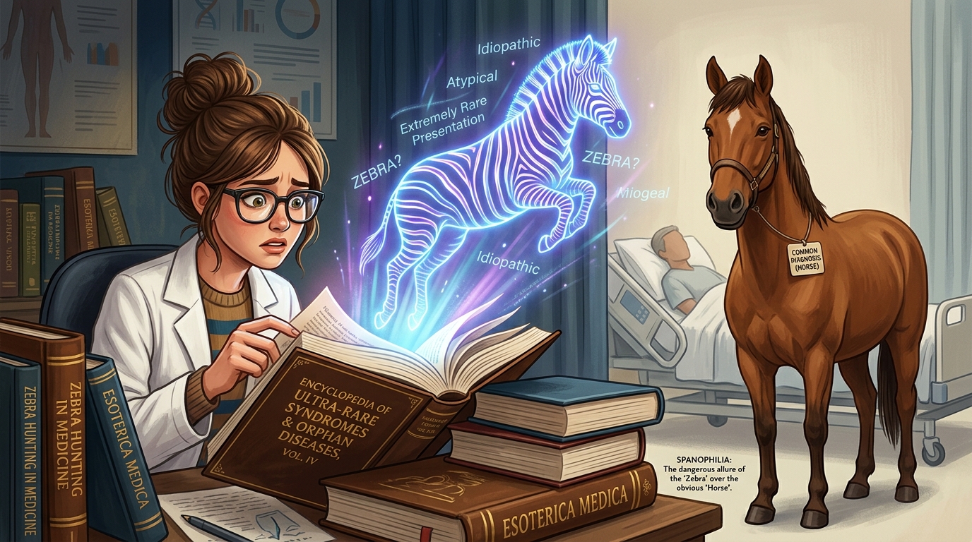 Ilustração editorial sobre a Espanofilia - O fascínio perigoso pela zebra holográfica enquanto o cavalo comum aguarda no leito