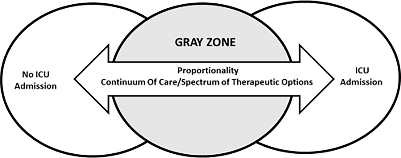 Figura 1 — A Zona Cinza da Admissão em UTI: Continuum e Proporcionalidade